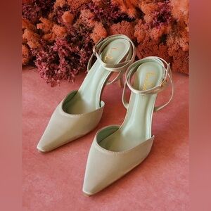 Auberron Sage Satin Ankle Strap Pumps